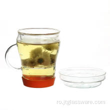 Ceașă de ceai din sticlă suflată manual din frunze de ceai, cu capac din sticlă